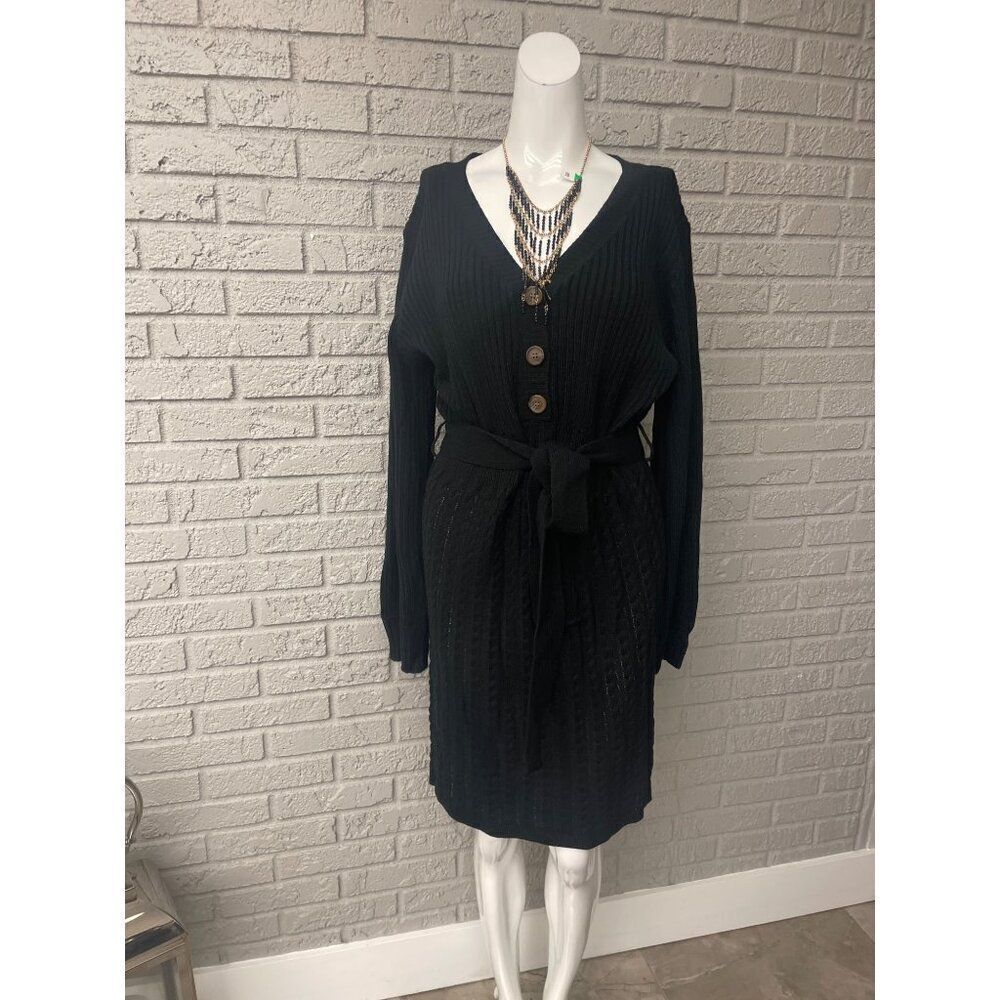 Grace Karin Women Black Long Sleeve Cable Sweater Dress Size L NWT
